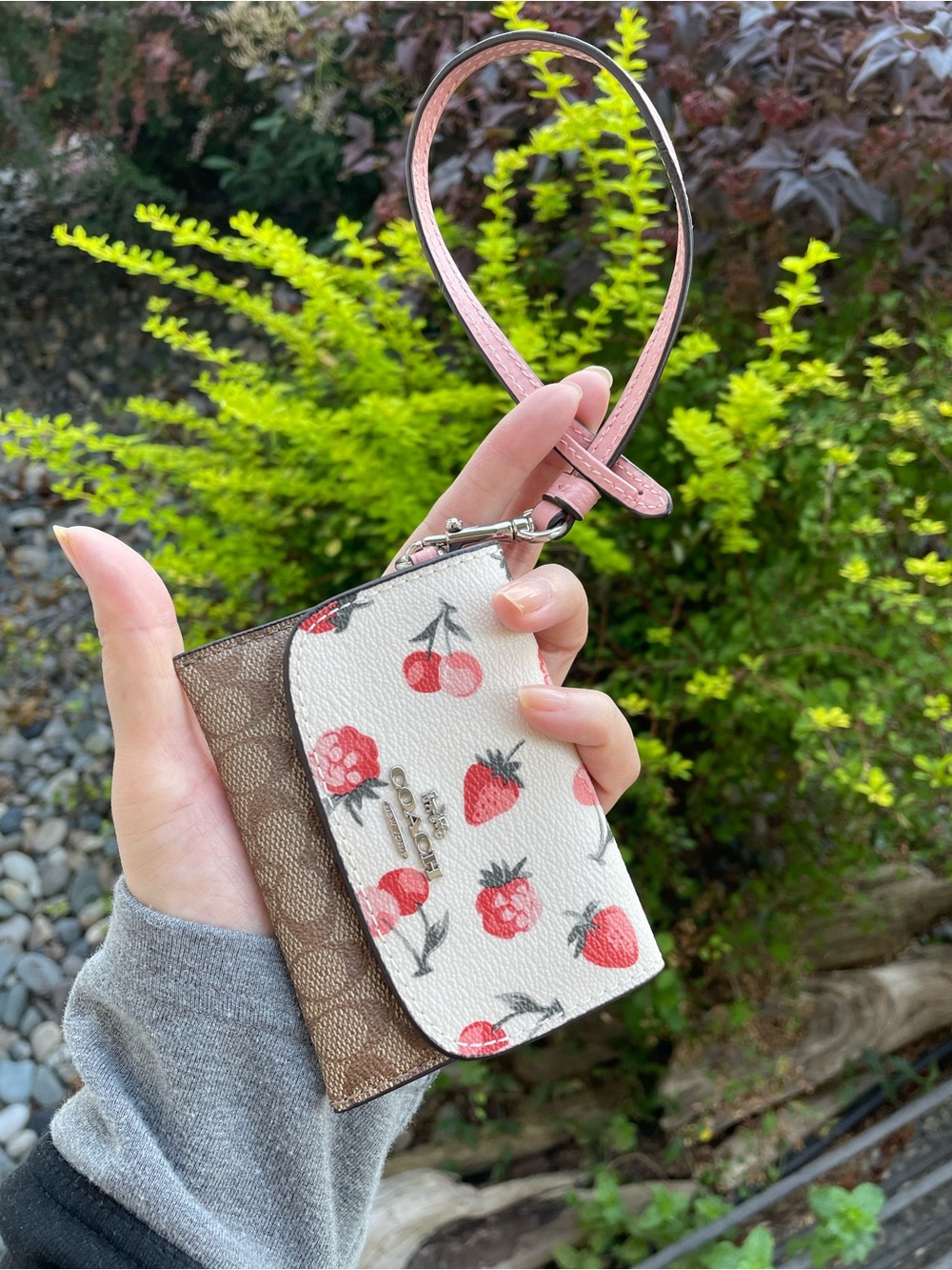 Coach Pink Wristlet Card Case with Strawberry Print